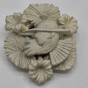 Art Deco Handmade Lady Face in Bouquet if Flowers Brooch